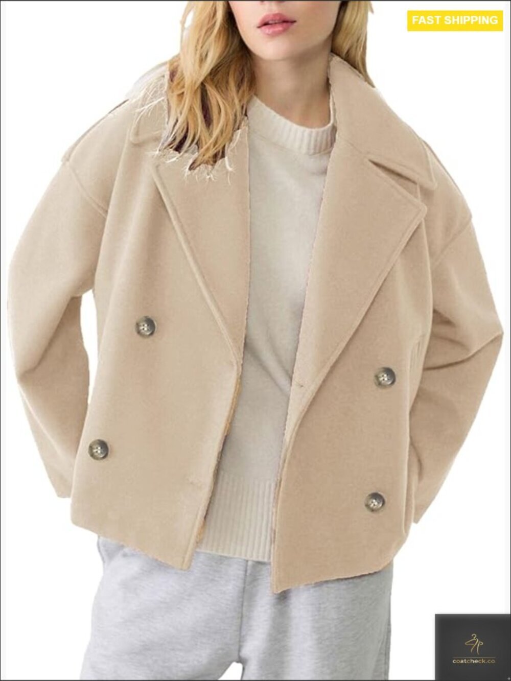 Cropped Pea Coat Classic Trench Overcoat Double Breasted Jacket with Pockets